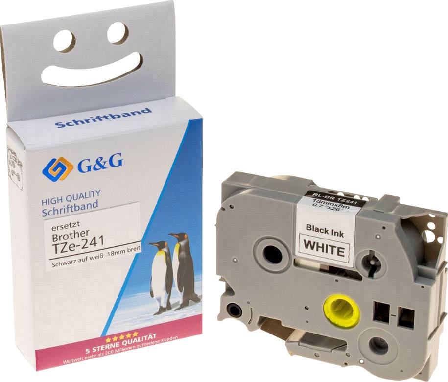 'Ruban G&G, remplaçant Brother TZe-241. Noir sur blanc, largeur de 18 mm. L'emballage présente une image de pingouin et est placé à côté de la cassette de ruban.'