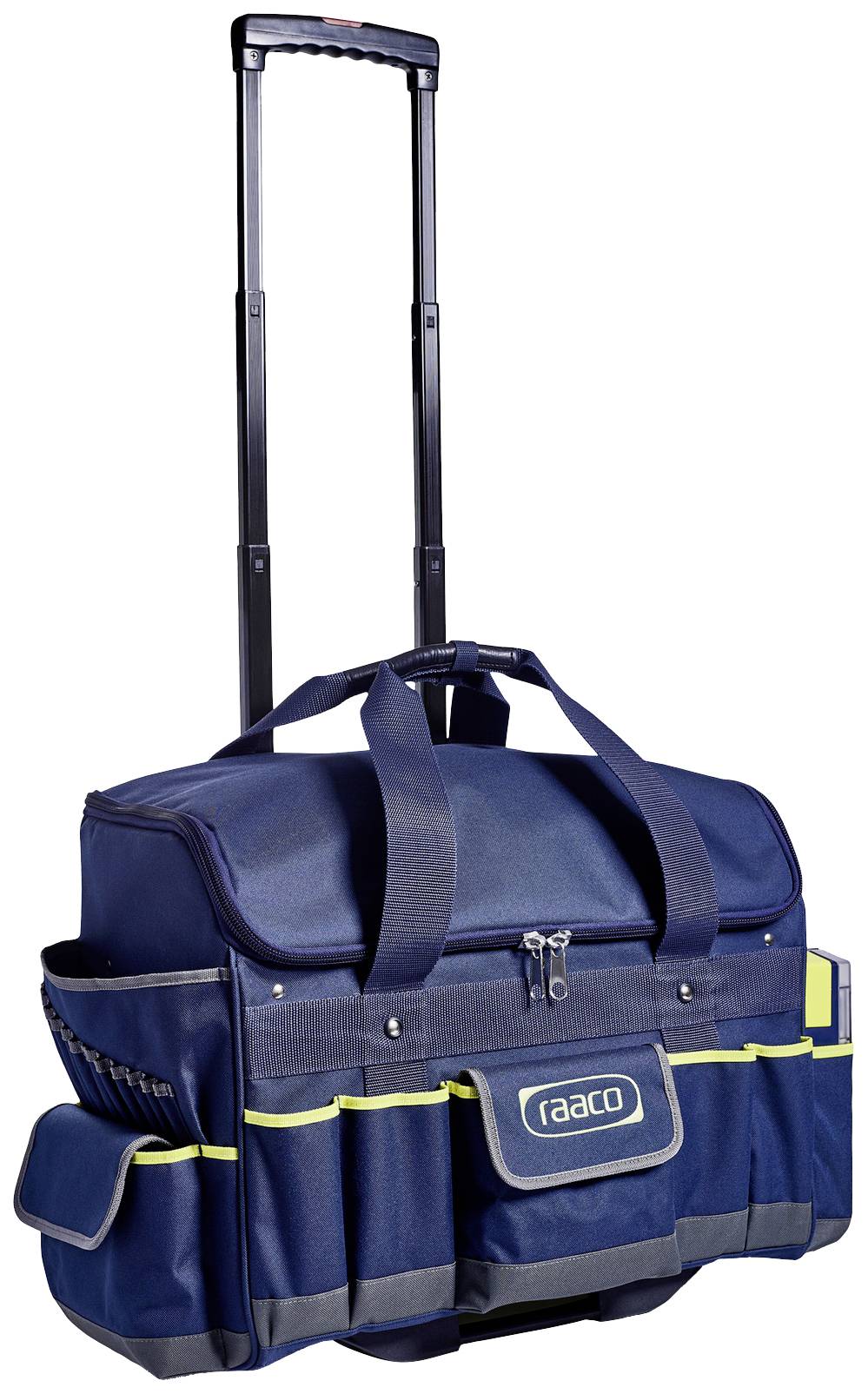 Sac à outils bleu avec poignée télescopique, de nombreuses poches extérieures et le logo 'raaco' sur la face avant. Idéal pour le transport des outils.
