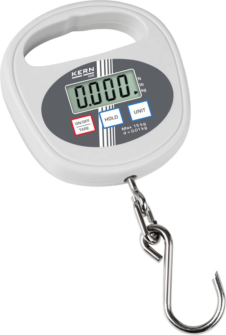 Balance numérique portable avec grand affichage, indiquant '0,000'. Boîtier gris argenté, crochet en bas, choix des unités possible.