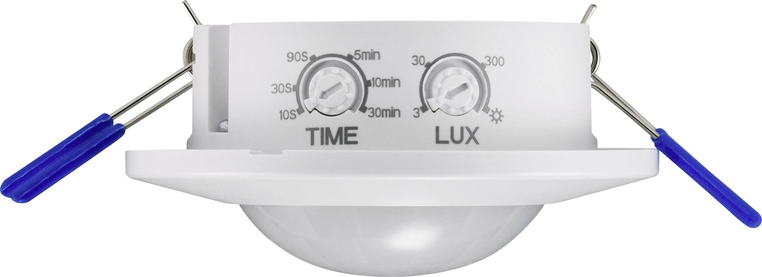 Un détecteur de mouvement blanc avec des attaches de fixation bleues. Deux boutons rotatifs sont étiquetés 'TIME' et 'LUX' pour régler le temps et la sensibilité lumineuse.