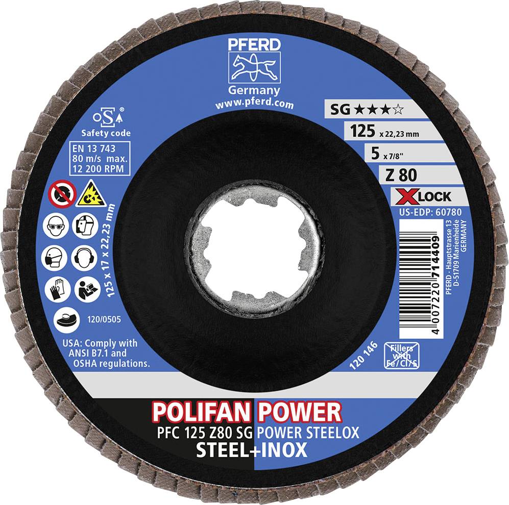 Disque abrasif avec informations produit : 'POLIFAN POWER', taille 125 mm, alésage 22,23 mm, pour acier et inox, adapté jusqu'à 12 200 tr/min.
