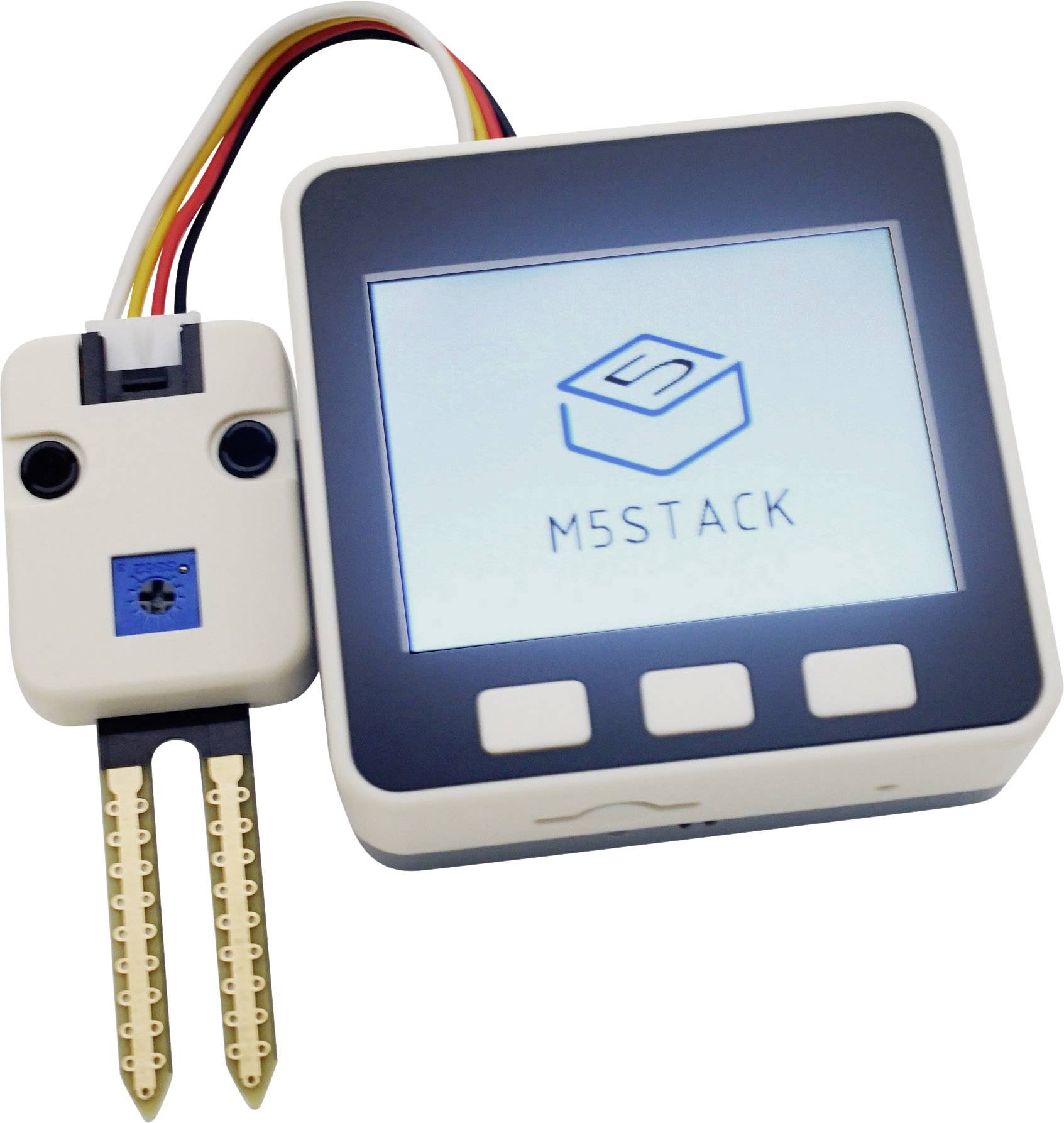 Appareil M5Stack avec écran affichant le logo M5Stack. À côté à gauche, un capteur avec deux broches métalliques et des câbles colorés.