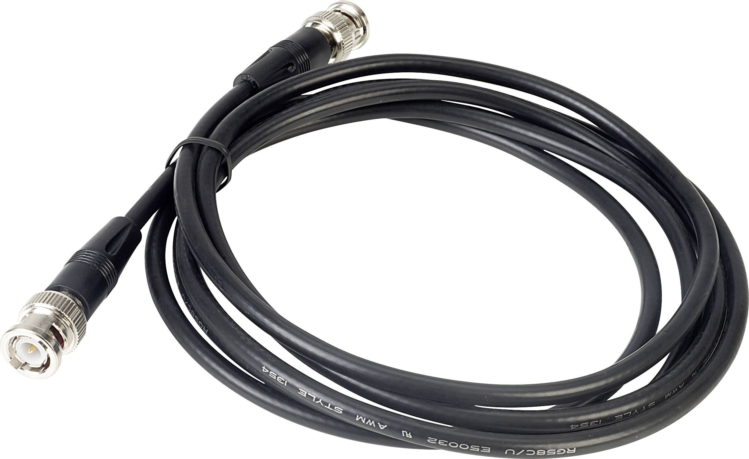 Un câble coaxial noir avec des connecteurs BNC aux deux extrémités, utilisé pour la transmission de signaux audio ou vidéo.