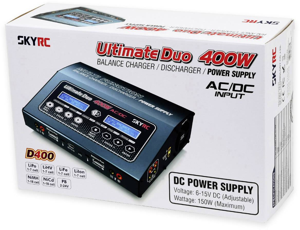 Un chargeur équilibreur 'Ultimate Duo 400W' de SKYRC dans un emballage avec spécifications. Prend en charge LiPo, LiFe, LiIon, NiMH.