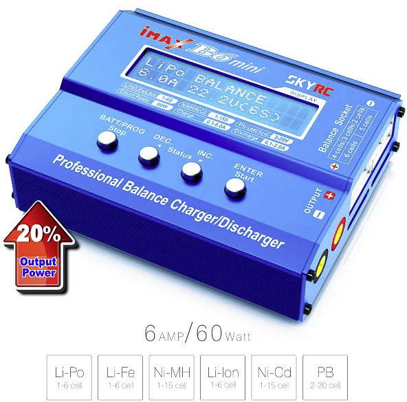 Chargeur de batterie bleu avec affichage indiquant 'LiPo BALANCE'. Graphique montrant '20% Puissance de sortie'. En bas, types de batteries : Li-Po, Li-Fe, Ni-MH, Li-ion, Ni-Cd, PB.