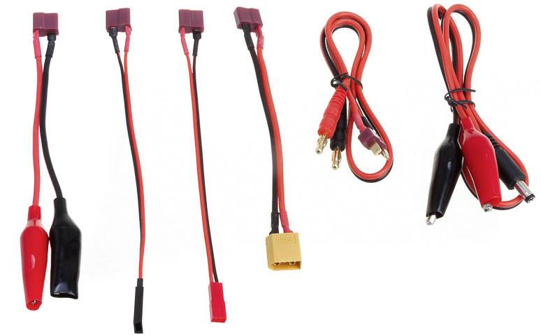 Plusieurs types de câbles avec différents connecteurs, dont des pinces crocodiles et des connecteurs XT60, présentés sur un fond blanc.