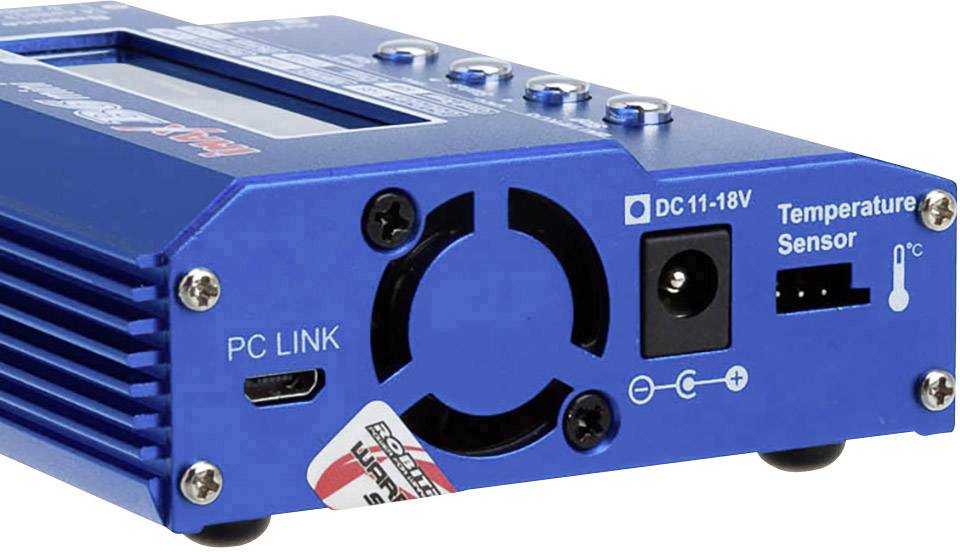 Un appareil électrique bleu avec des connexions : Lien PC, capteur de température, et une alimentation de 11-18V CC.