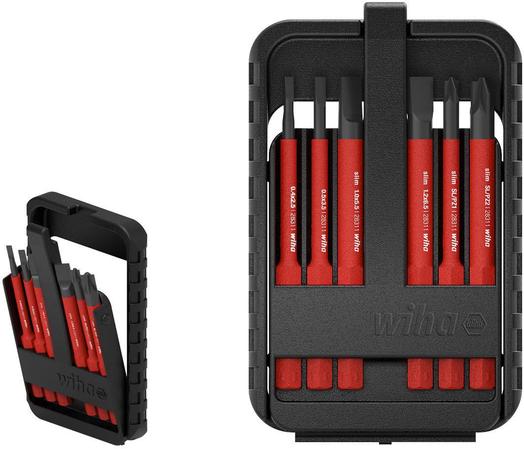 Un ensemble de tournevis Wiha comprenant huit embouts de tournevis rouges dans un support noir compact et portable.