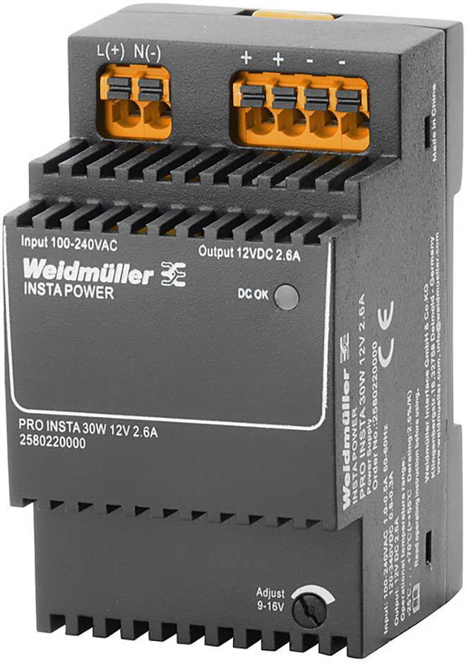 Convertisseur AC-DC de Weidmüller avec plage d'entrée 100-240VAC, sortie 12VDC 2,6A. Noir, avec bornes de connexion en haut.