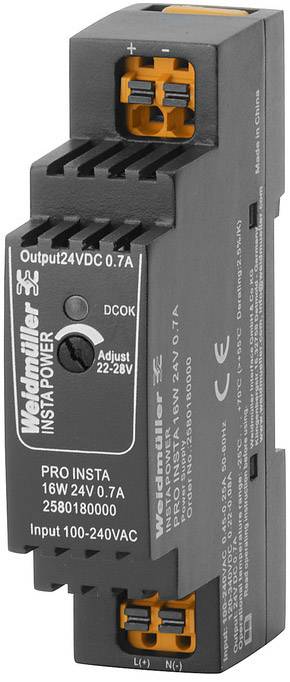 L'image montre un module d'alimentation Weidmüller INSTAPOWER, modèle PRO INSTA, avec les spécifications suivantes : entrée 100-240 VAC, sortie 24 VDC 0,7 A.