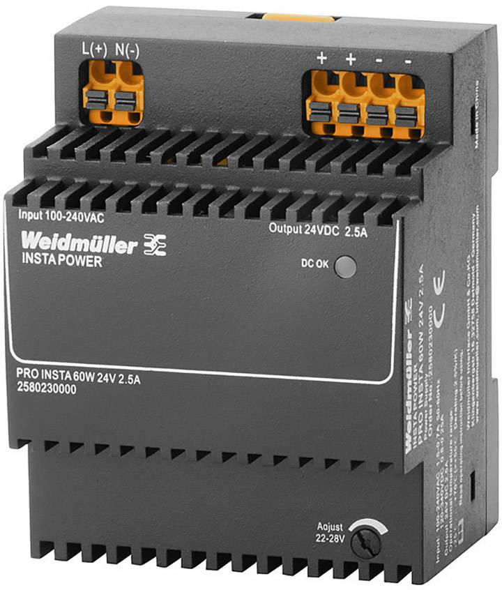 Un bloc d'alimentation Weidmüller noir avec des bornes de connexion orange, plage d'entrée 100-240 VAC, sortie 24 VDC, 2,5 A.