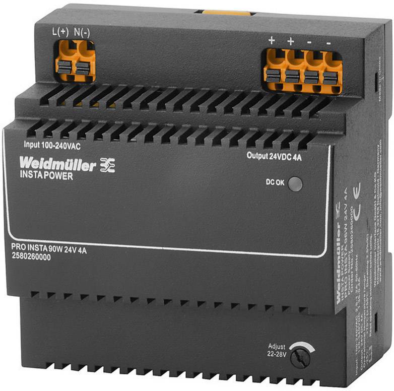 Un bloc d'alimentation Weidmüller noir, modèle Pro Insta 90W 24V 4A, avec une plage d'entrée de 100-240 VCA et une sortie de 24 VCC, 4A.
