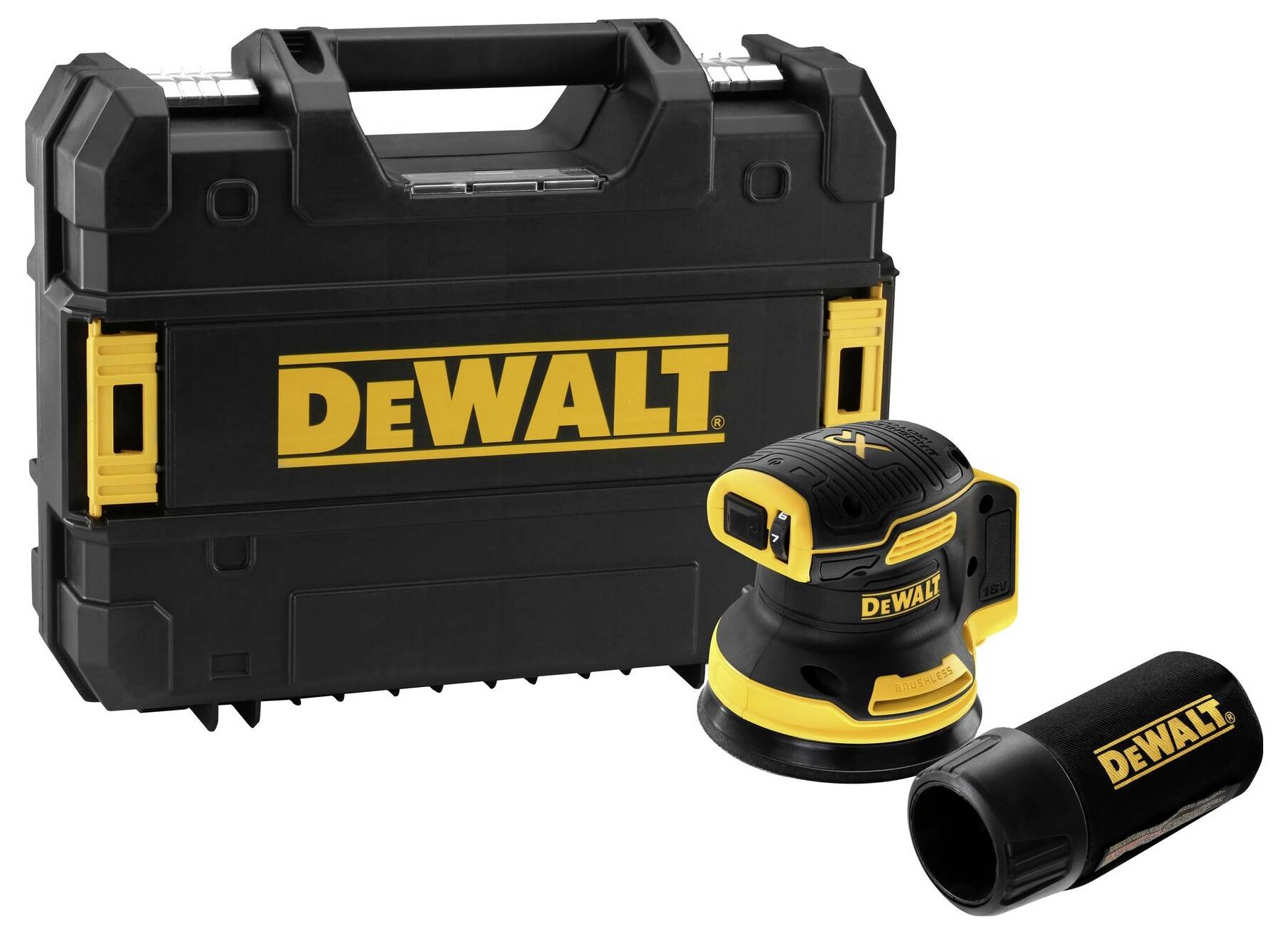 Un ensemble d'outils DeWalt comprenant une ponceuse vibrante, un adaptateur pour aspirateur et un coffret de transport noir avec le logo jaune DeWalt.