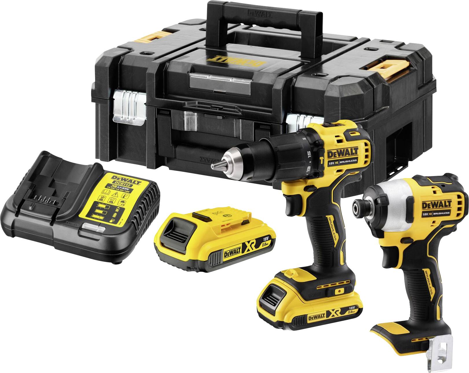 Set de perceuses avec deux visseuses sans fil jaunes, chargeur, batterie et mallette de rangement noire robuste. Idéal pour les projets de bricolage.