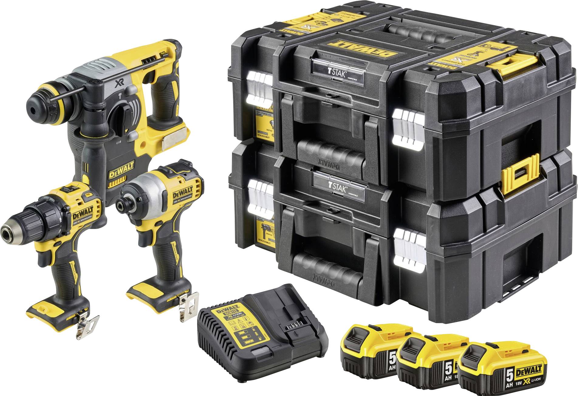 Un ensemble de perceuses-visseuses DEWALT comprenant trois boîtes de rangement empilables, deux perceuses-visseuses, un chargeur et deux batteries.