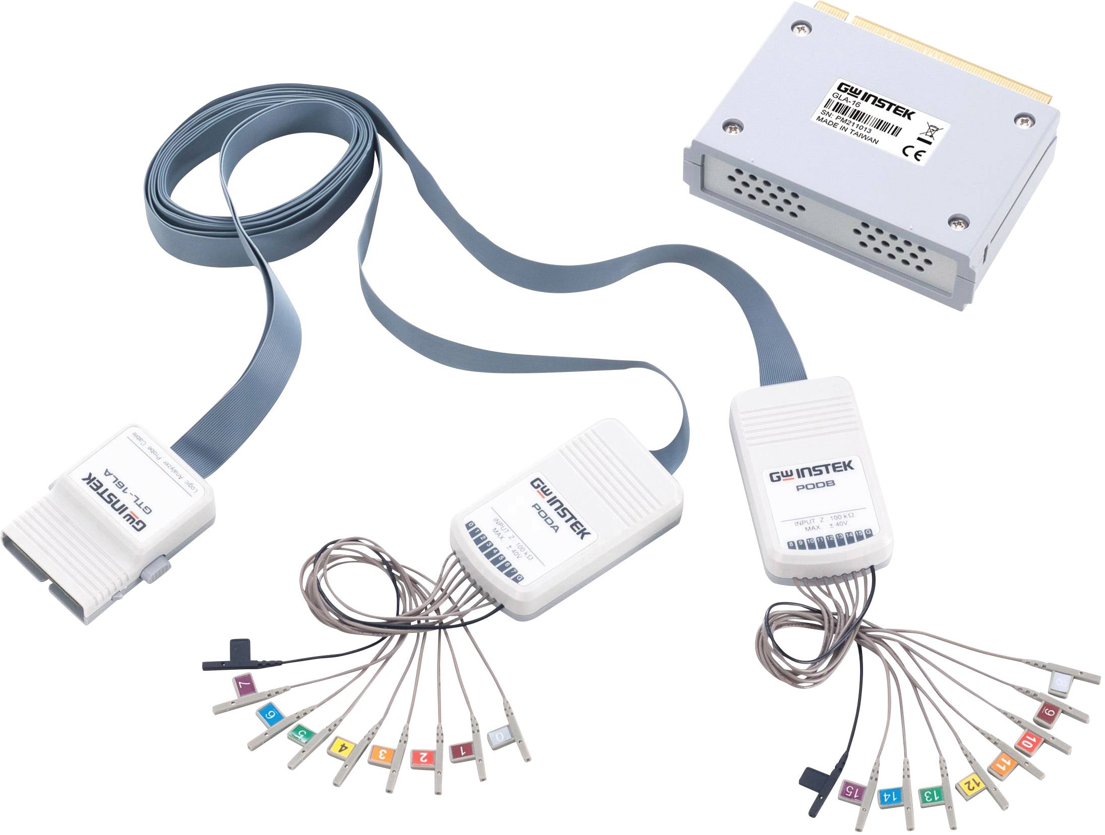 Un ensemble d'analyseur logique numérique comprenant deux appareils principaux et plusieurs câbles de couleurs différentes, utilisés pour analyser les chemins de signaux électroniques.