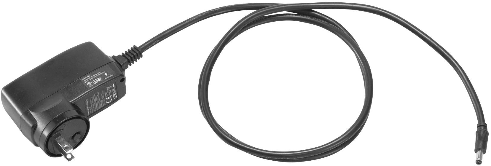 Adaptateur secteur noir avec long câble et fiche, adapté aux prises européennes, pour appareils électroniques tels que ordinateurs portables ou téléphones portables.