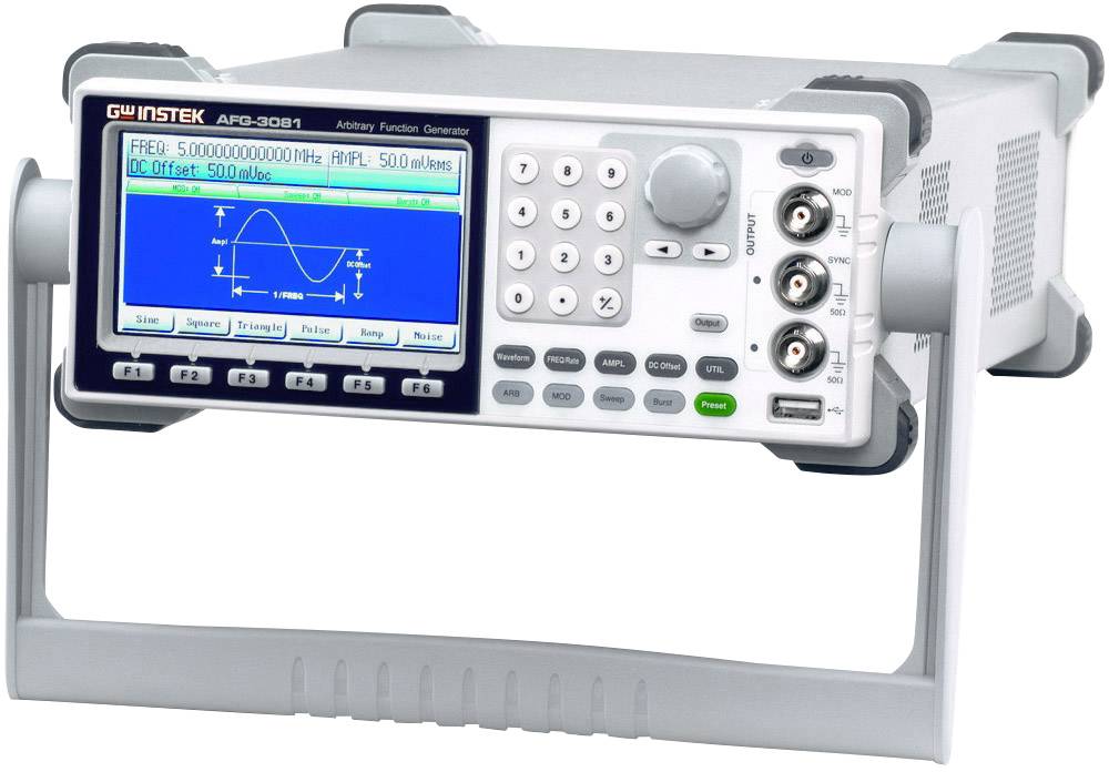 Un générateur de fonction avec un écran affichant une onde sinusoïdale à 50 hertz, entouré de commandes et de connexions.