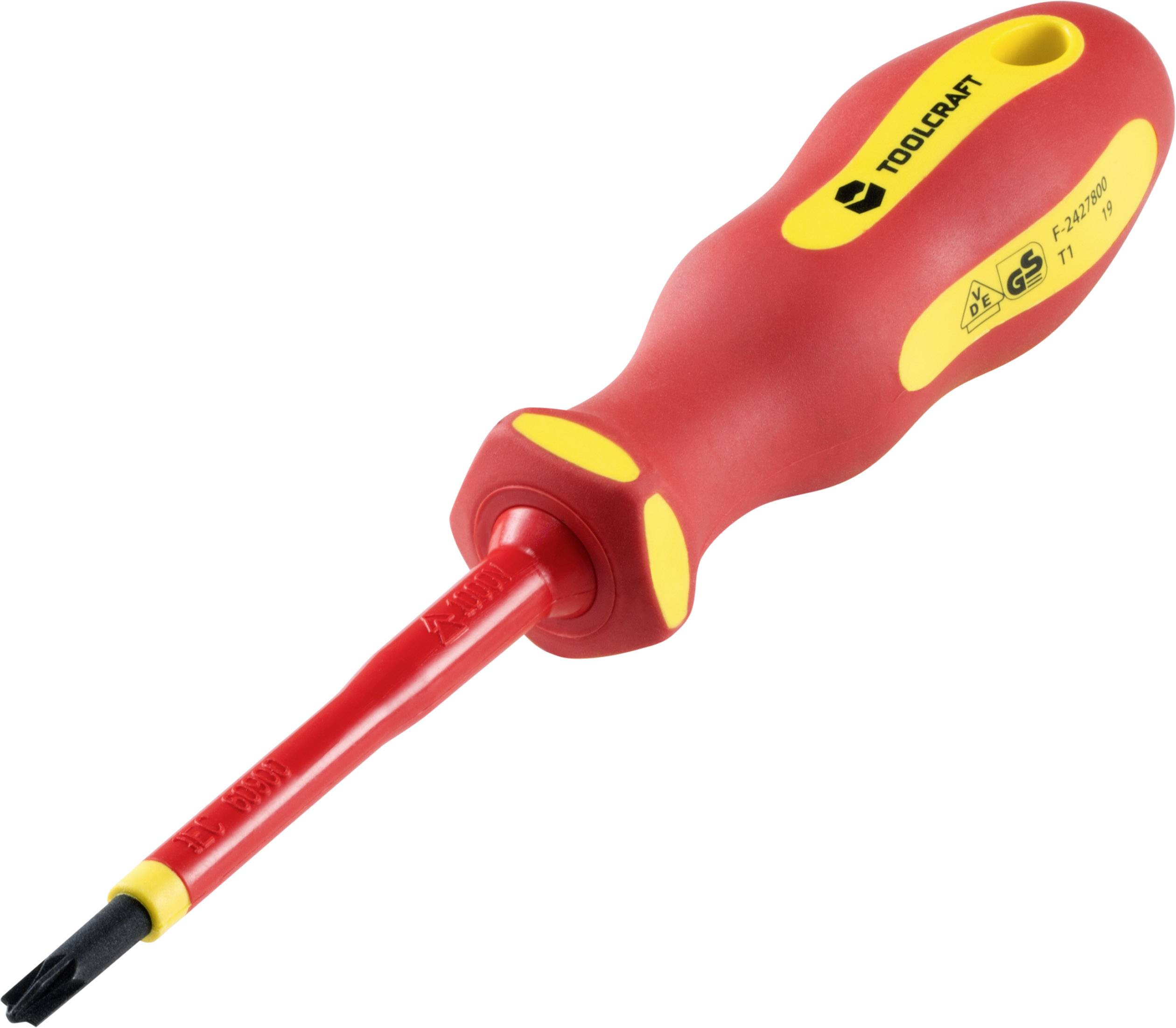 Un tournevis rouge, isolé, avec une poignée jaune et l'inscription 'Toolcraft' sur la poignée, adapté aux travaux électriques.