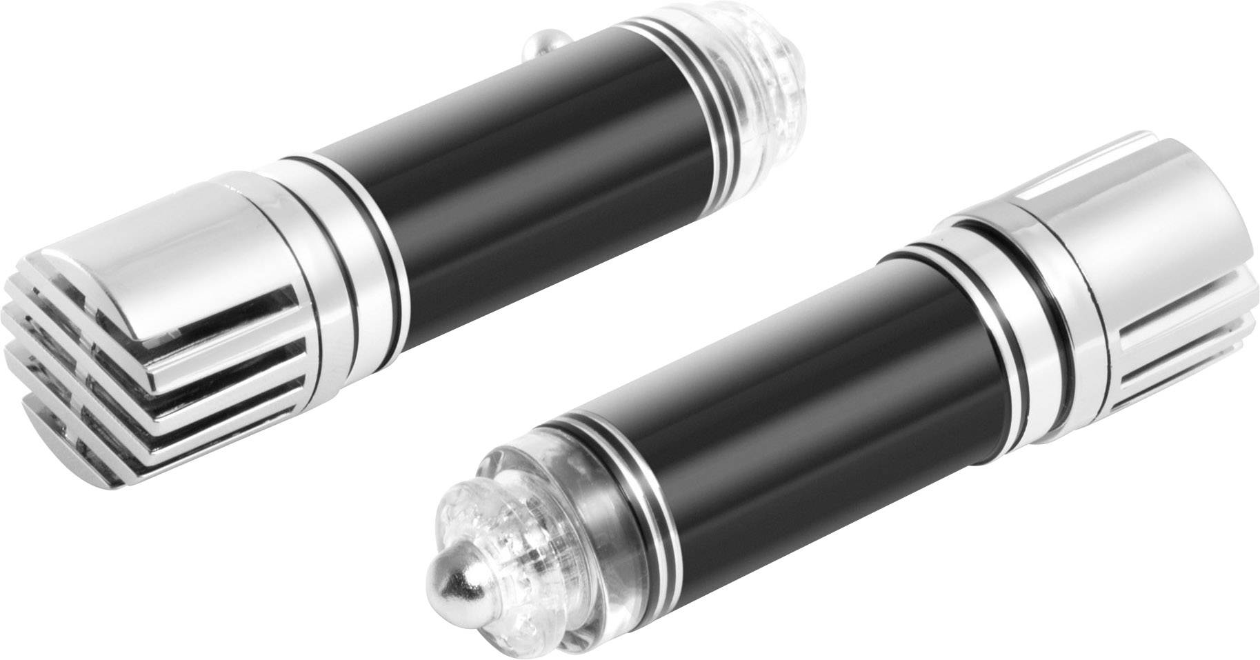 Deux objets cylindriques noirs avec des détails argentés qui ressemblent à des poignées de sabres laser. Ils sont posés côte à côte sur un fond blanc.
