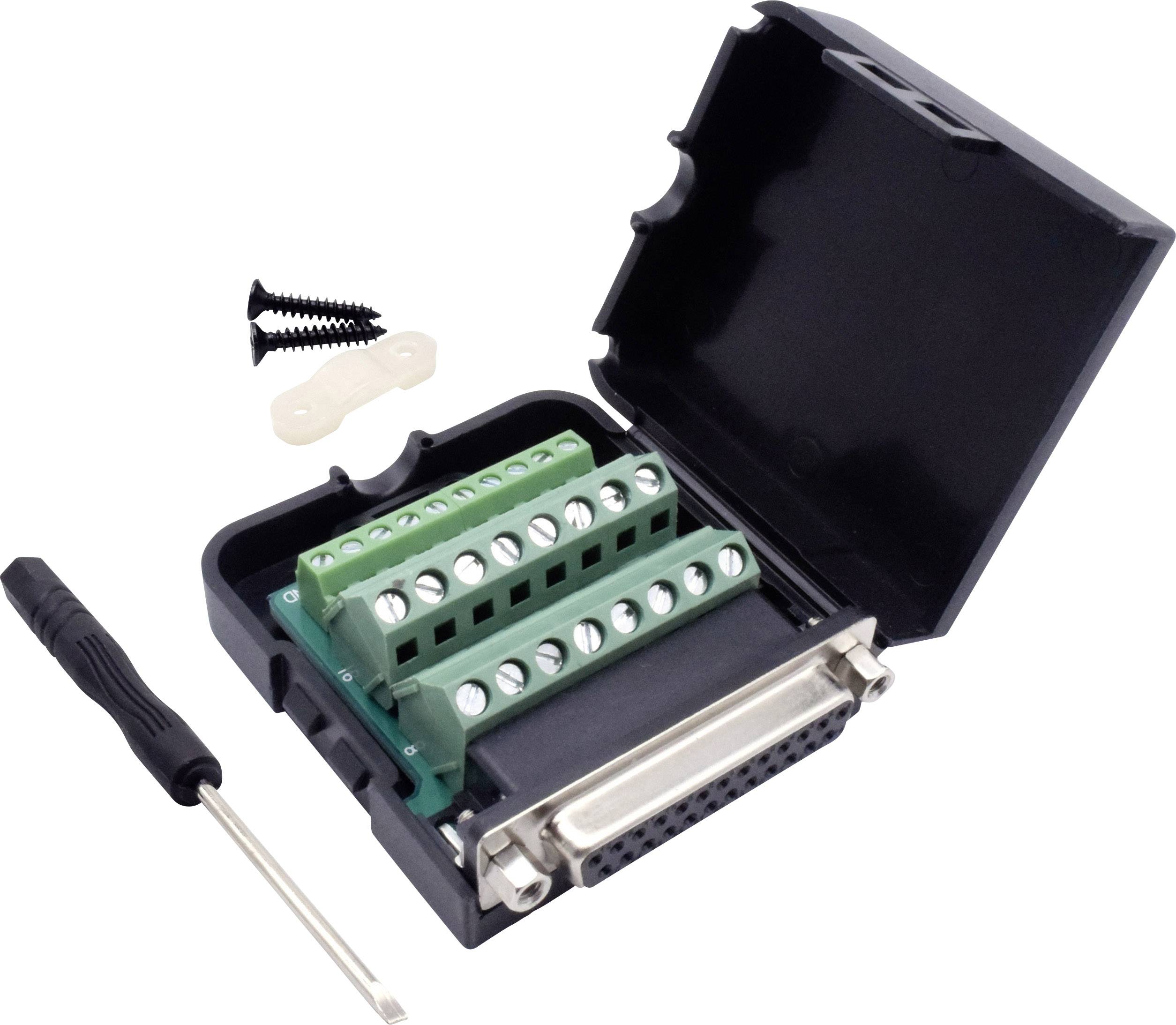 Un adaptateur noir ouvert avec des bornes vertes, un tournevis et deux vis est représenté sur un fond blanc.