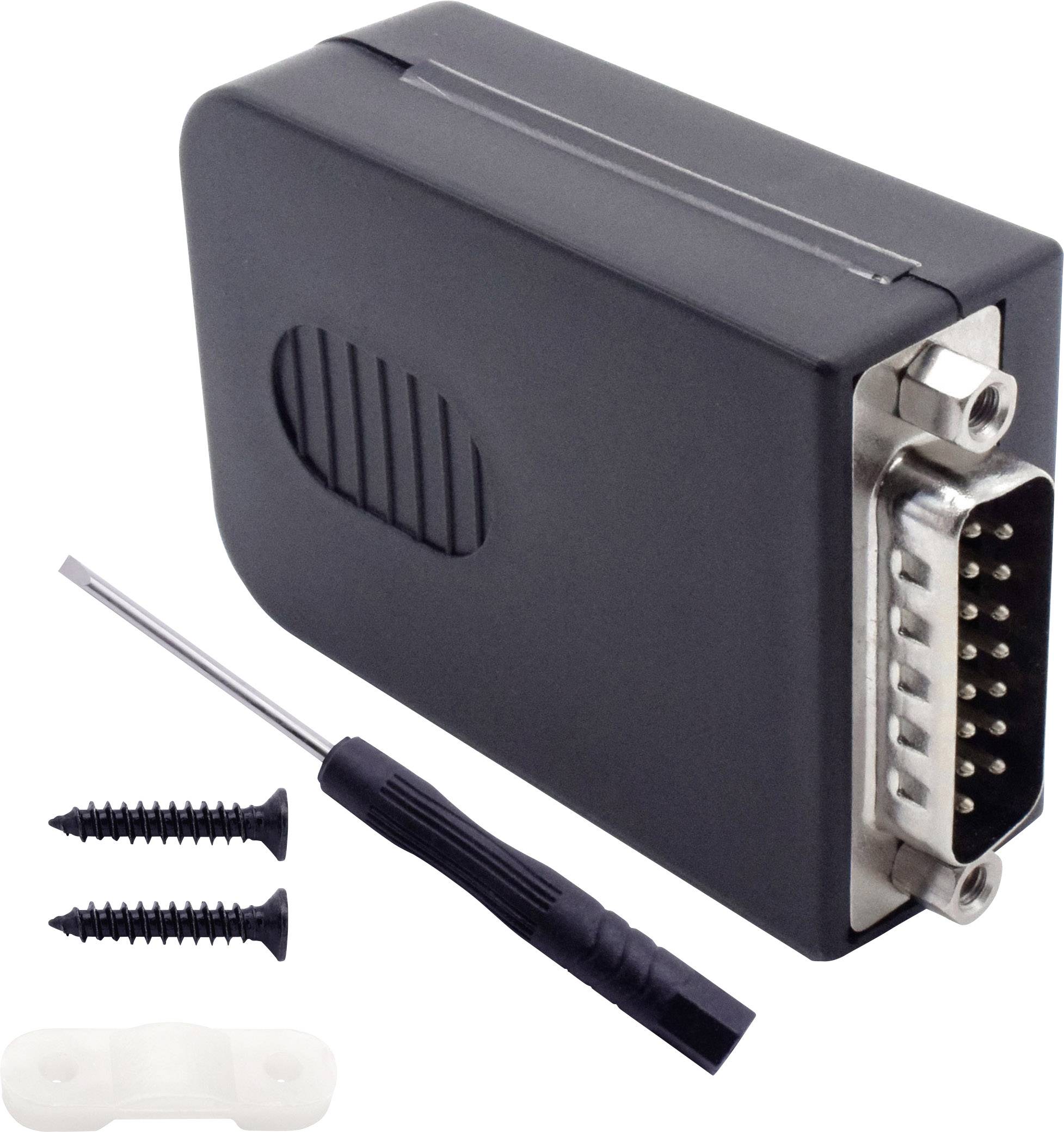 Un adaptateur noir avec une fiche à 9 broches, diverses vis et un tournevis. Composants pour une installation technique.