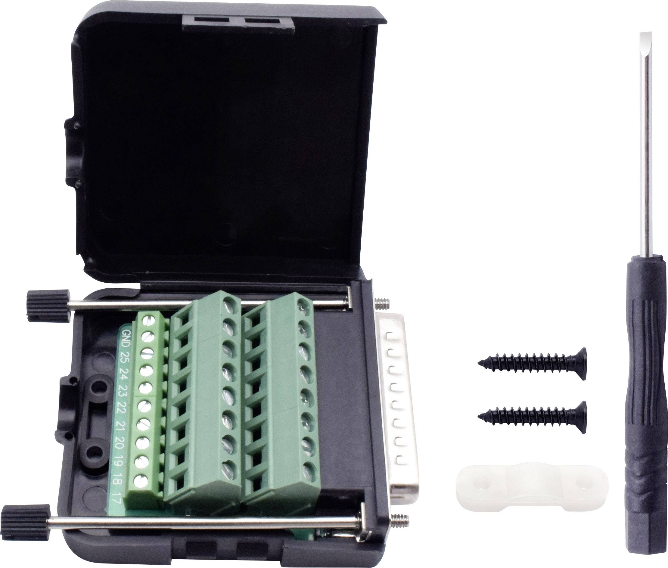 Boîte de connecteur D-SUB ouvert avec bloc de terminal vert, deux vis noires, un support blanc et un tournevis.