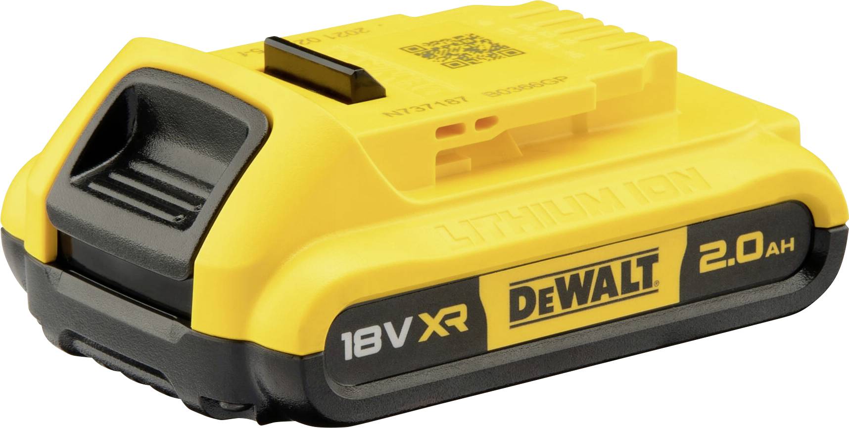 Batterie Lithium-Ion jaune DeWalt 18V avec l'inscription 'XR 2.0 Ah', adaptée pour les outils électriques.