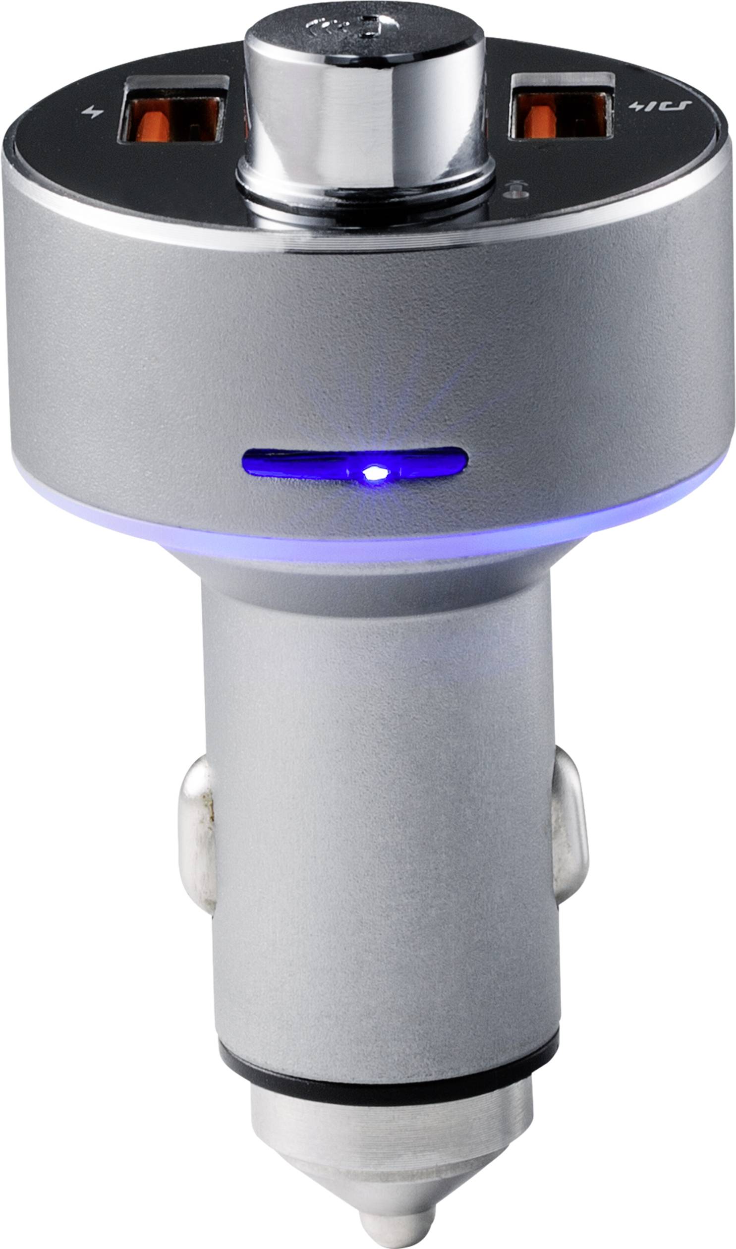 Adaptateur de chargement pour voiture en argent avec deux ports USB et un voyant LED bleu indiquant le statut de fonctionnement.