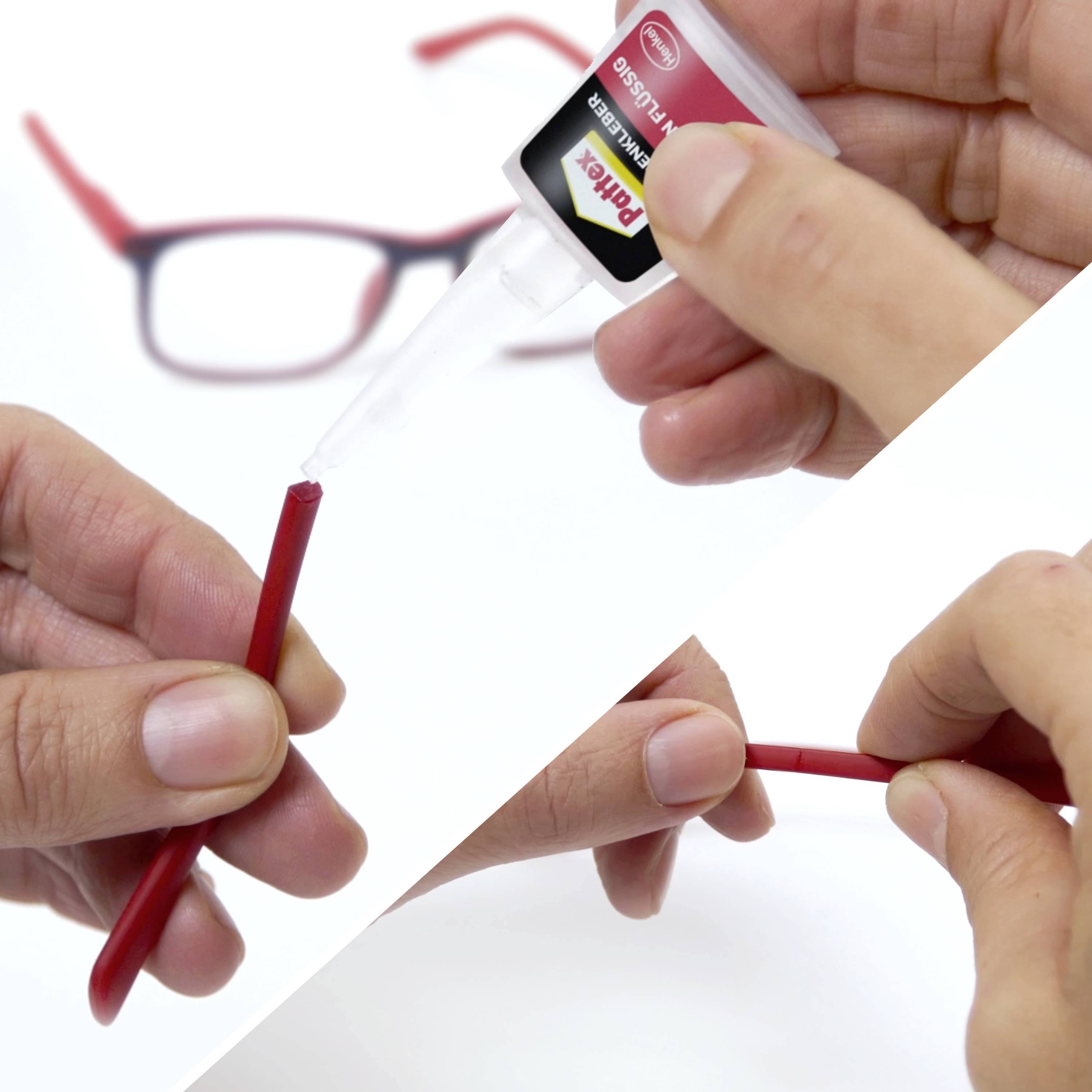 Mains appliquant de l'adhésif sur une monture de lunettes cassée, illustrant le processus de réparation des lunettes.