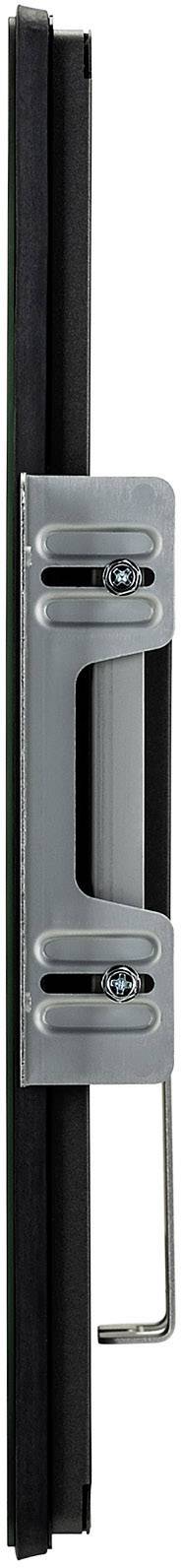 Serrure de porte avec carter métallique et joint d'étanchéité noir en vue de profil. Des vis fixent les pièces métalliques.