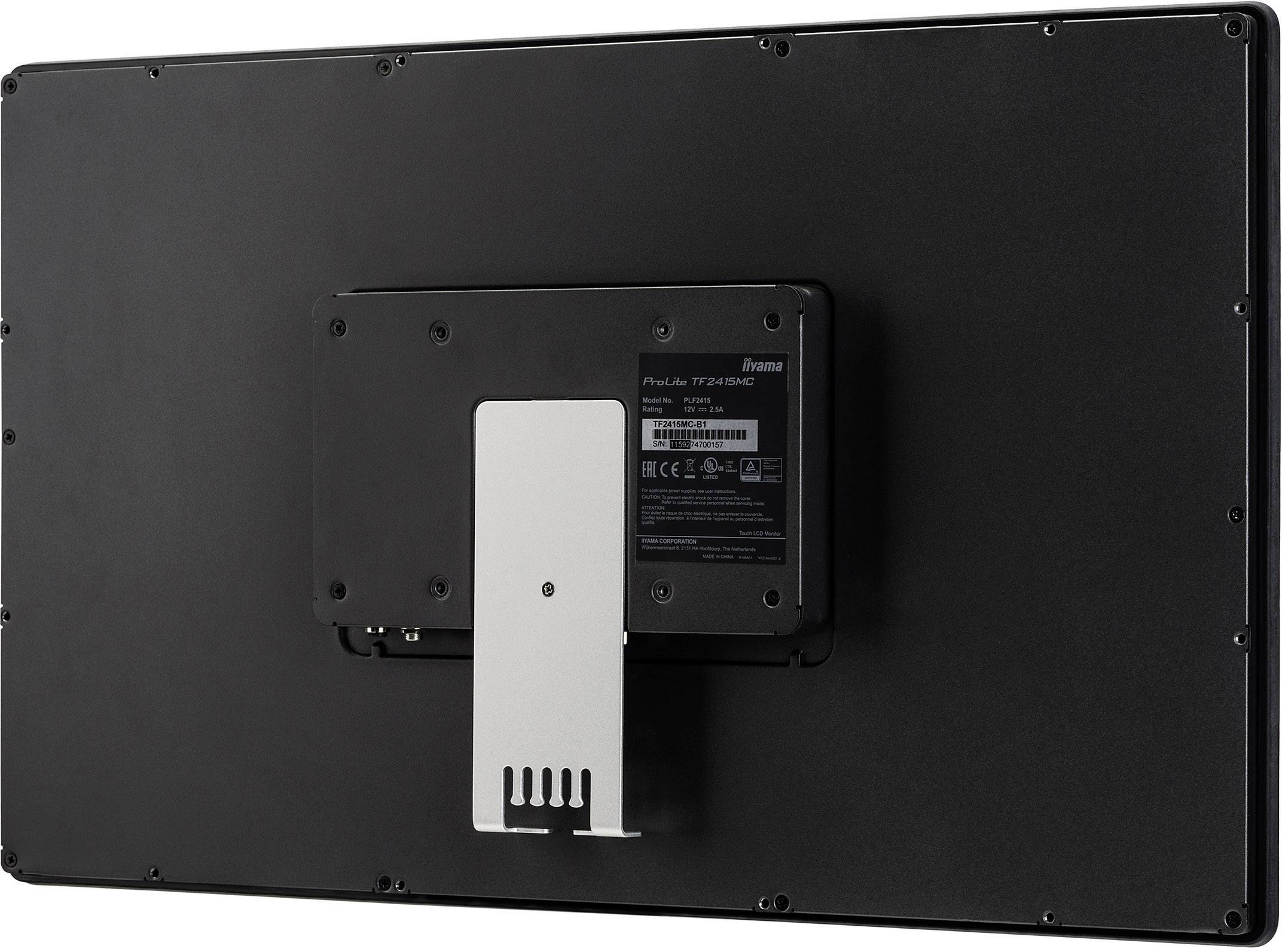 Moniteur industriel BenQ, vue arrière montrant le bras de fixation et les informations techniques sur l'étiquette.