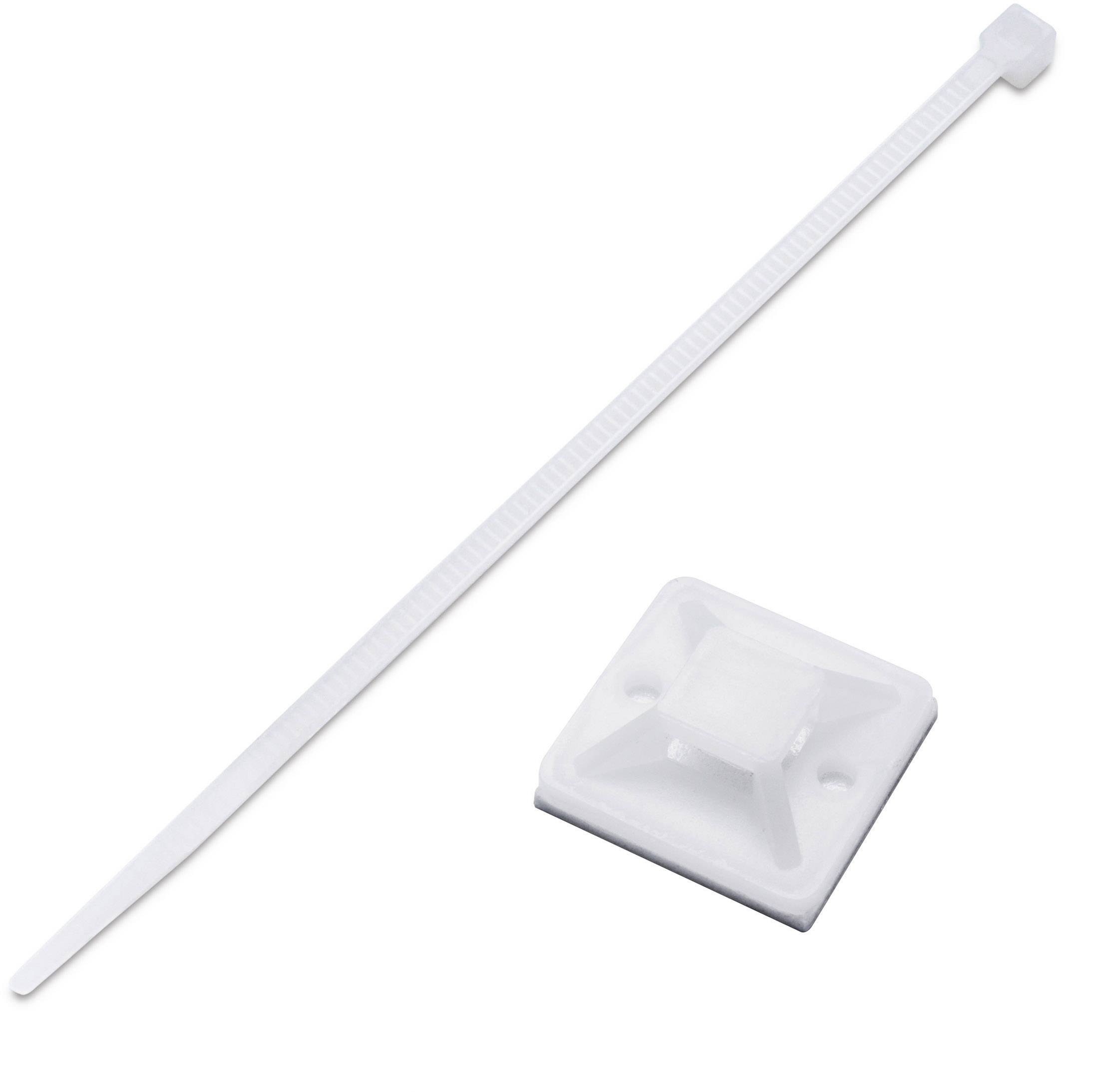Un collier de serrage blanc et sa base de fixation correspondante sur un fond blanc. Ils servent à organiser proprement les câbles.