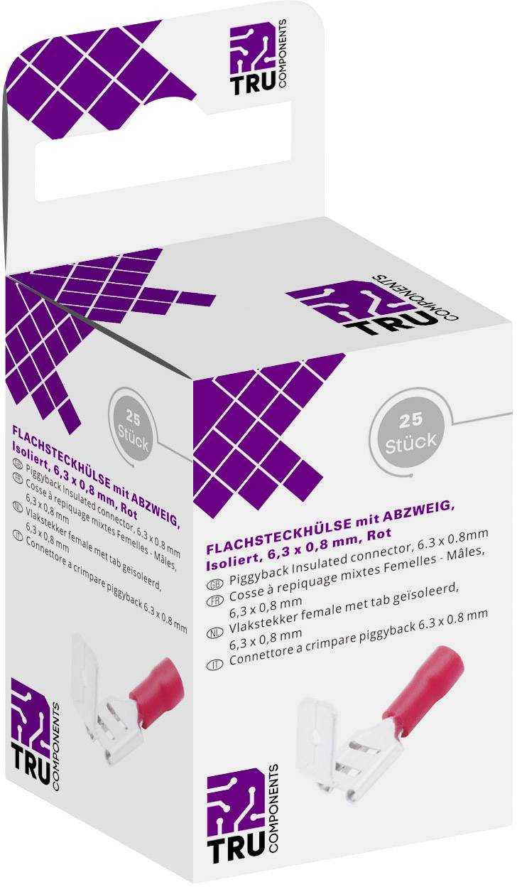 Conditionnement de 25 cosses plates rouges. Marque 'TRU Components'. Texte : 'Cosse plate avec dérivation, 6,3 x 0,8 mm'.