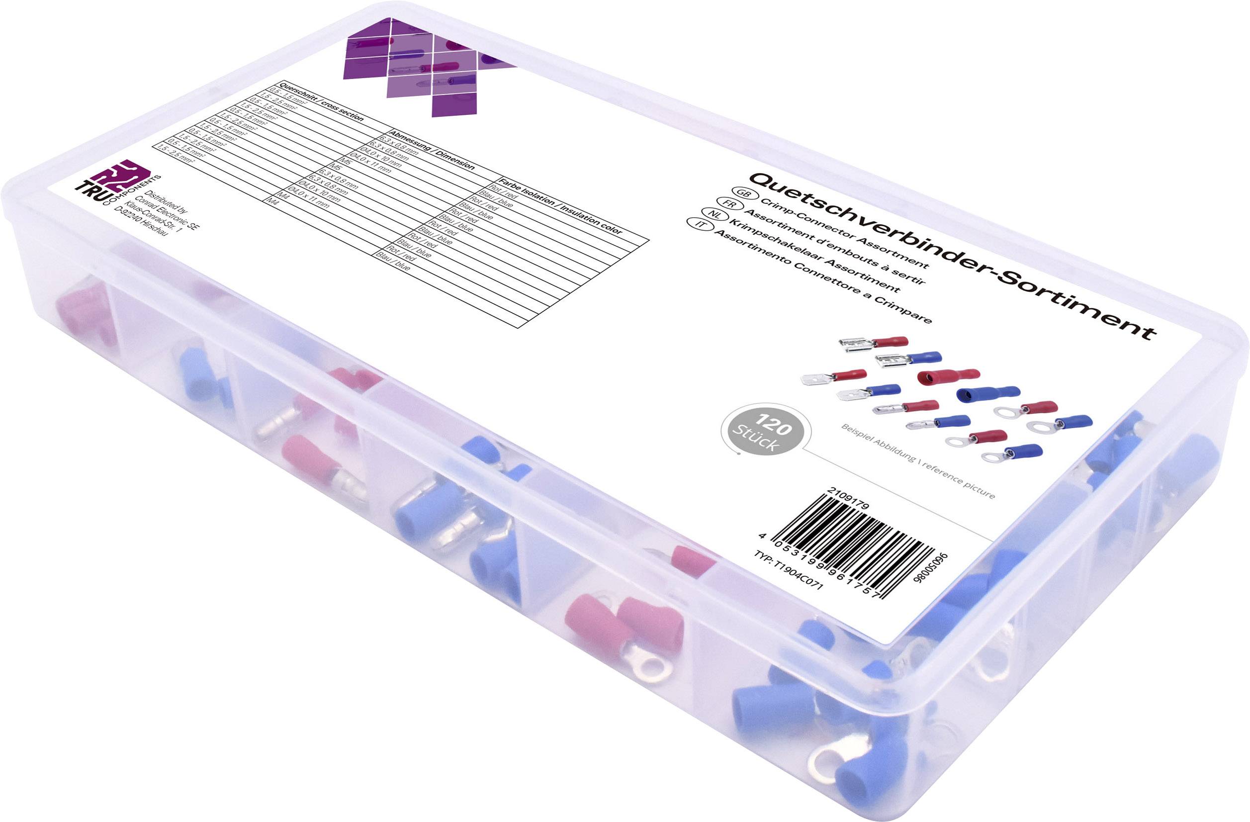 TRU COMPONENTS T1904C071 Assortiment de cosses à sertir 0.50 mm² 2.50 mm² rouge, bleu 120 parties