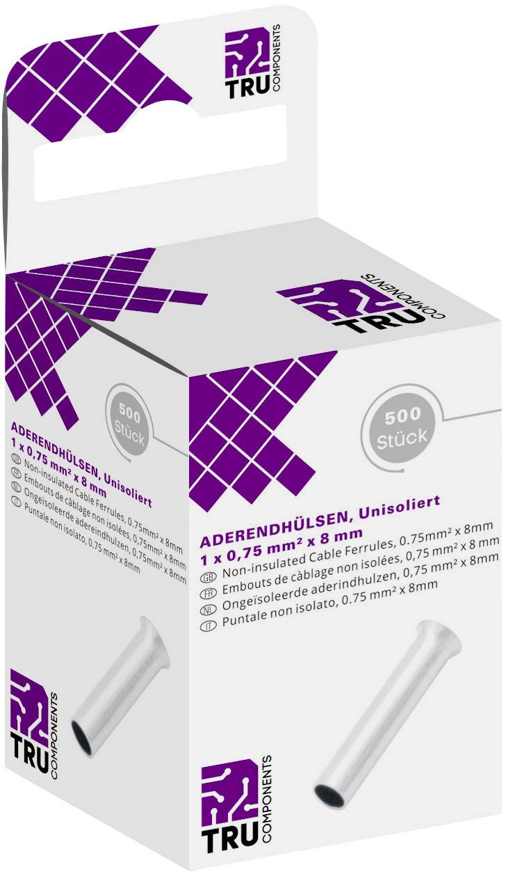 Emballage de 500 embouts de câble non isolés, 0,75 mm² x 8 mm, de TRU Components, illustré avec une image du produit et le logo.
