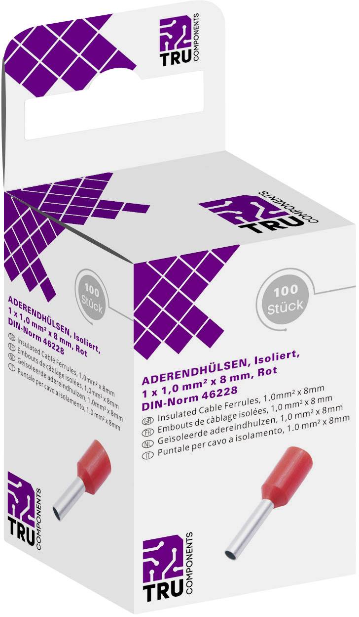 Boîte de carton contenant 100 embouts de câble isolés, taille 1,0 mm² x 8 mm, Rouge, selon la norme DIN 46228 de TRU Components.