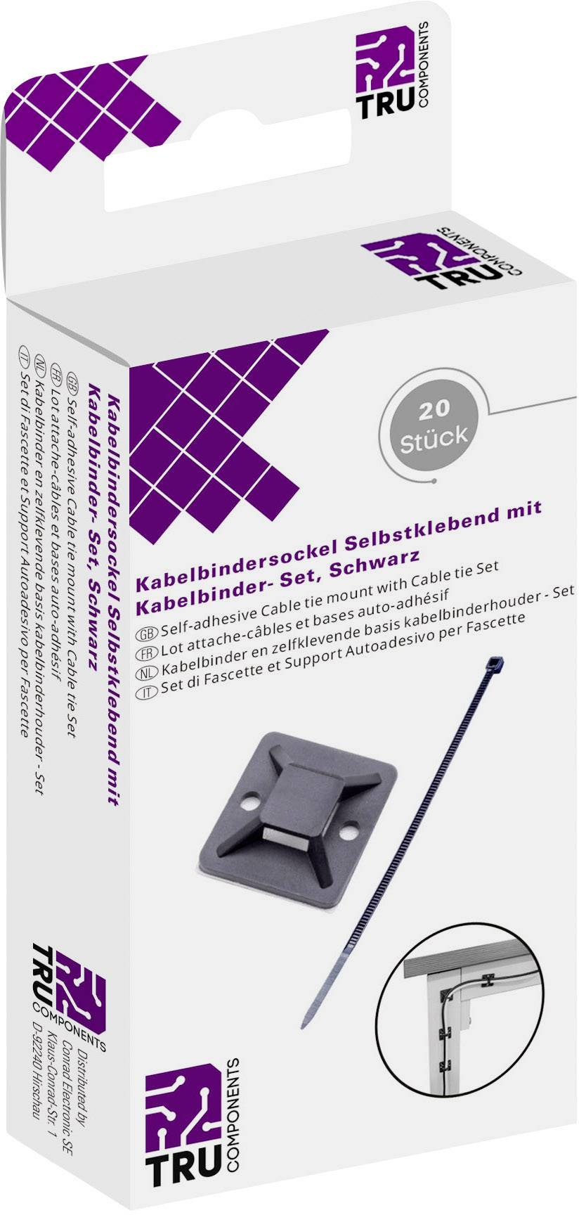 Lot de 20 supports de attache-câbles, auto-adhésifs, noirs. Comprend des supports et des colliers de câblage. Adapté pour la fixation de câbles.