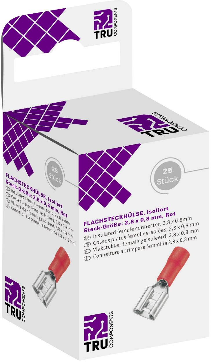 Une boîte de cosses plates rouges de TRU Components, 25 pièces, taille 2,8 x 0,8 mm, isolées. Contient les détails du produit.