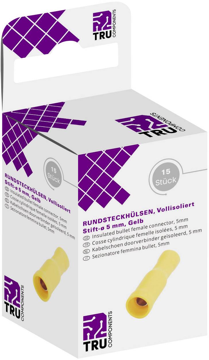 Une boîte de TRU Components contenant 15 embouts ronds jaunes complètement isolés, diamètre de broche 5 mm, décrite sur la face avant.