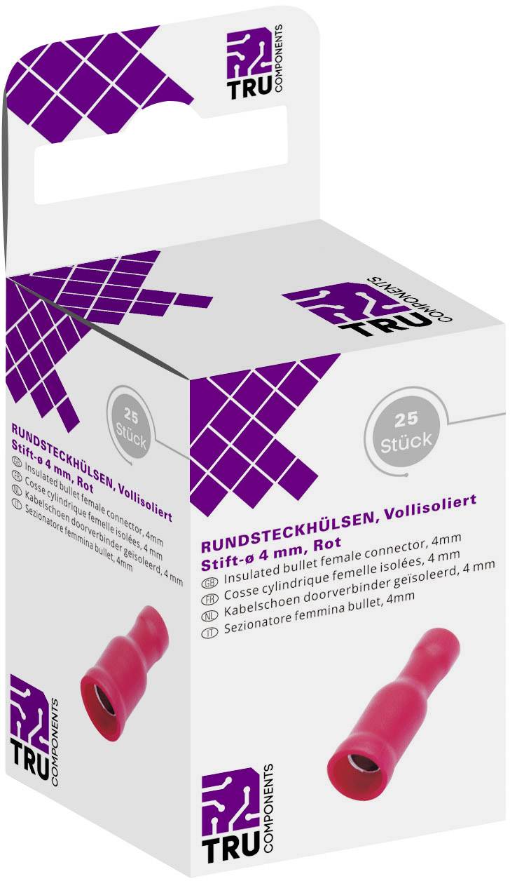 Boîte de 25 cosses cylindriques isolées, 4 mm, rouge, de TRU Components. Utilisées pour les connexions électriques.