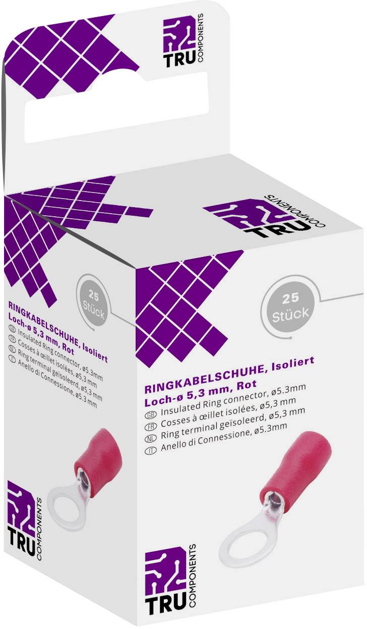 Emballage de 25 cosses à œil rouges, isolées, diamètre de trou 5,3 mm. Marque TRU Components.
