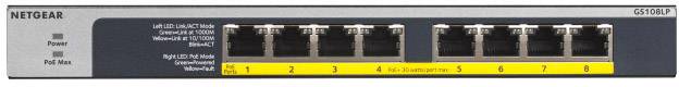Un switch réseau à 8 ports de Netgear avec des voyants LED pour l'alimentation et l'activité de chaque port, modèle GS108LP.