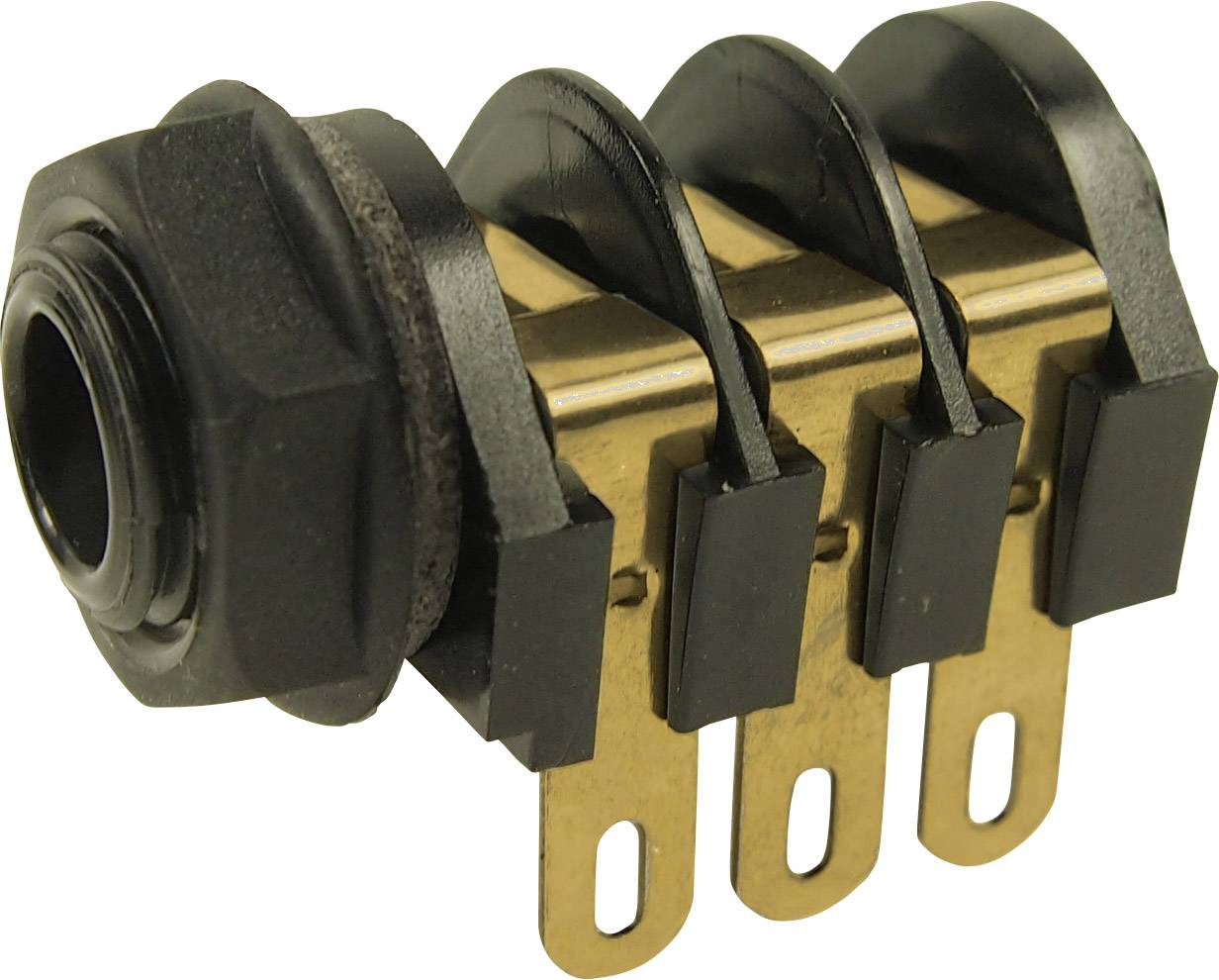 Prise jack triple avec contacts métalliques dans un support en plastique, utilisée dans les appareils audio électroniques pour la transmission sonore.