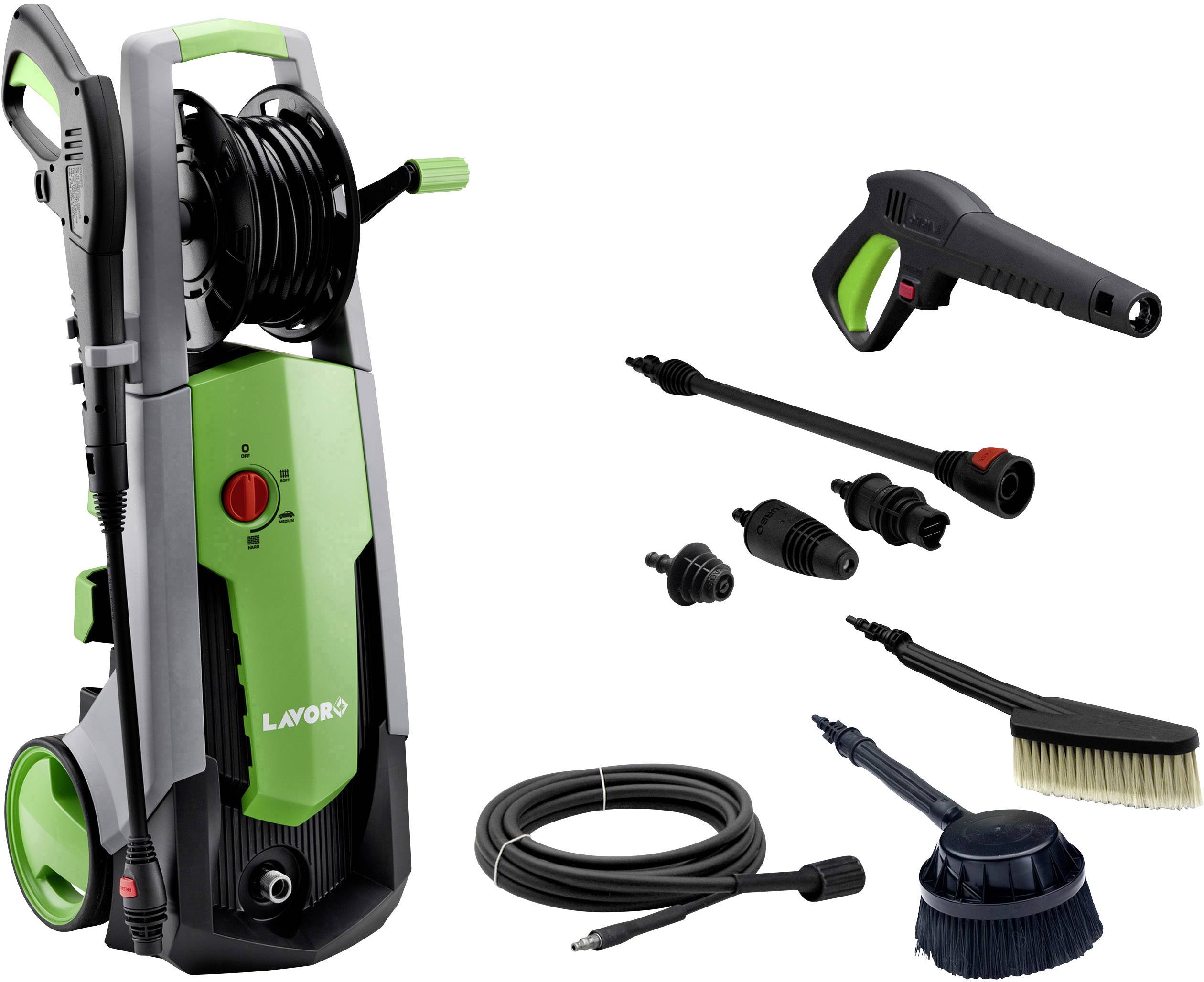 Nettoyeur haute pression Lavor, sur pied avec accessoires : pistolet pulvérisateur, buses, brosses et tuyau. Adapté pour diverses tâches de nettoyage.