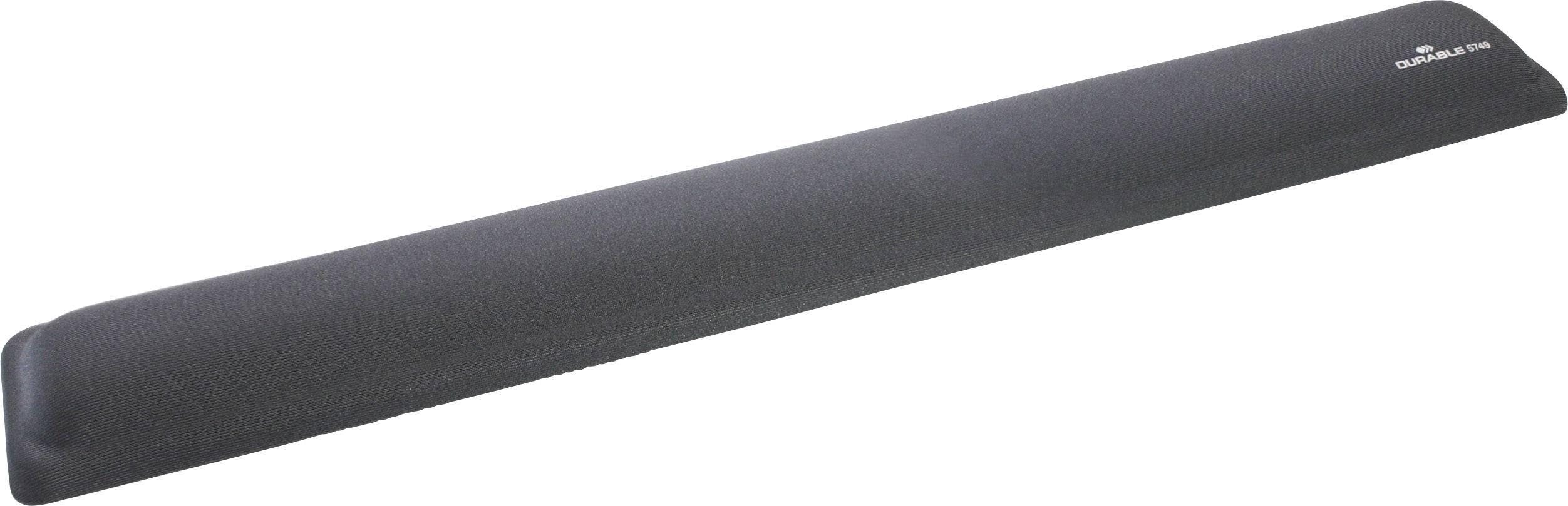Un coussin noir pour les poignets, destiné aux claviers, est posé horizontalement. Il sert à soutenir les poignets lors de la frappe.