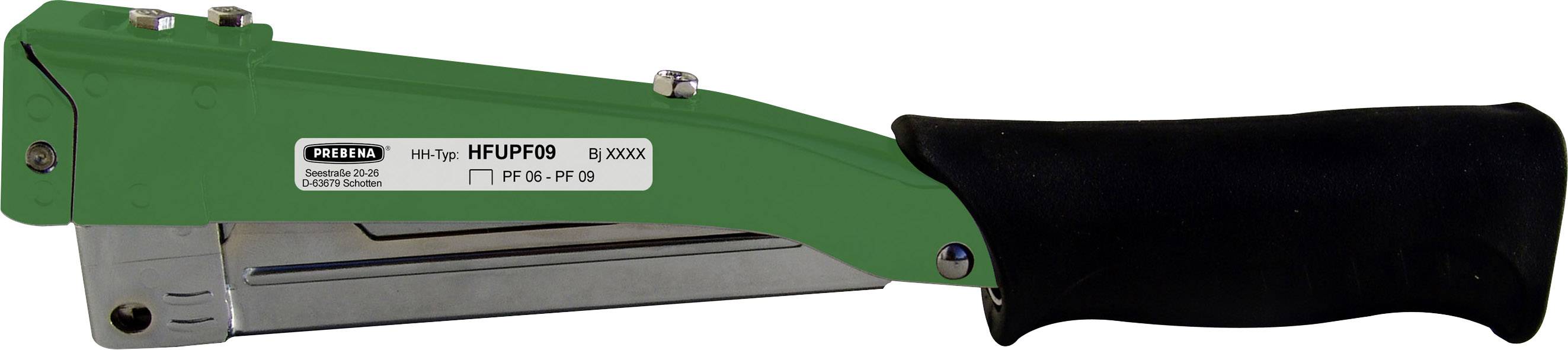 Agrafeuse verte sur fond blanc, avec une poignée noire et un corps argenté, adaptée aux travaux de fixation.