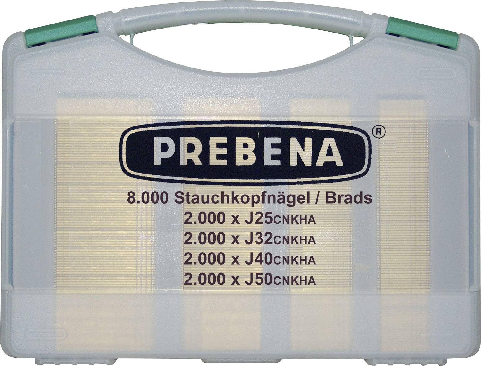 Une boîte transparente en plastique portant l'inscription 'PREBENA 8.000 pointes à tête réduite/Brads', contenant différents types de clous.