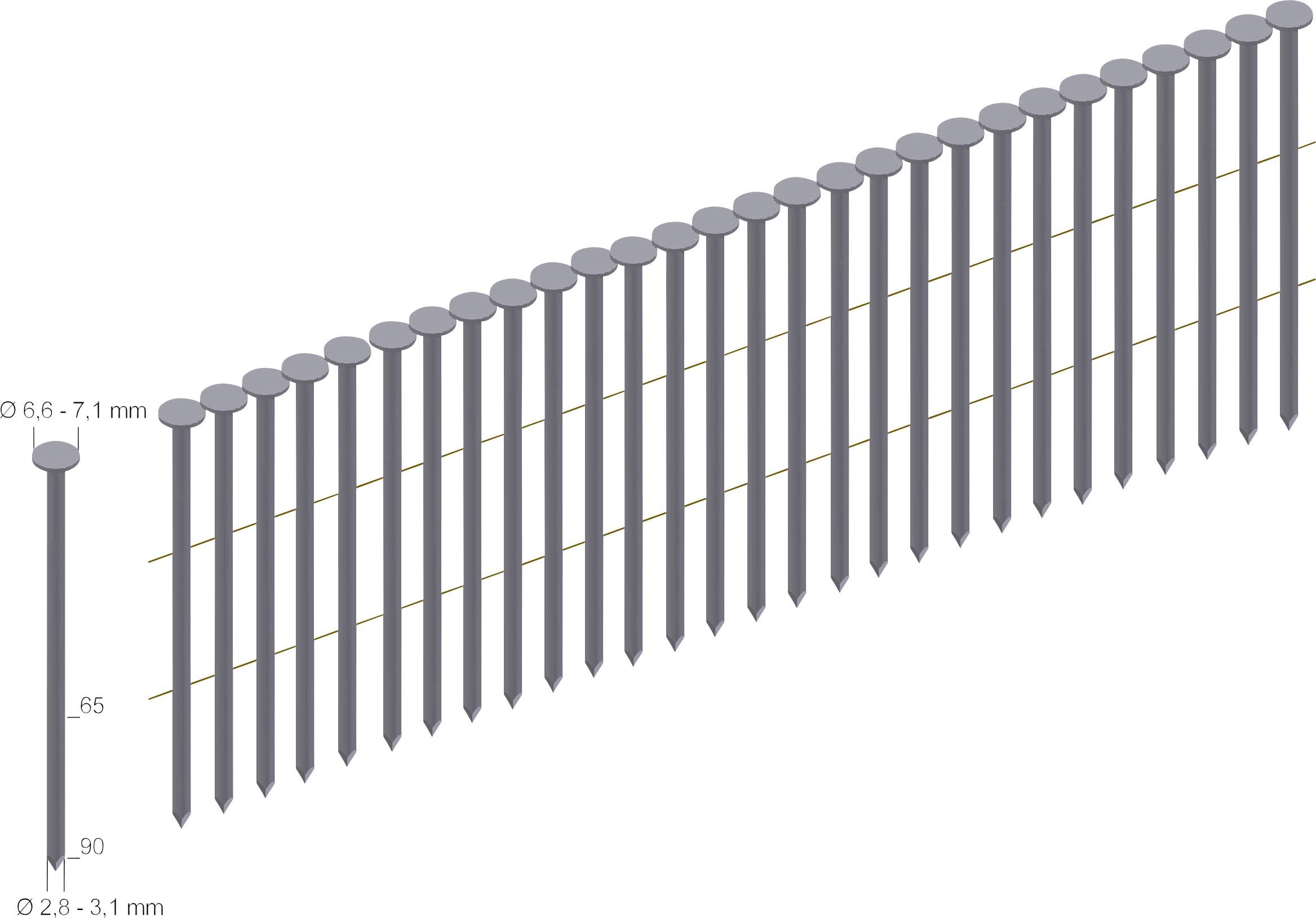 Rangée de clous représentée en perspective de droite à gauche. À gauche, la taille du clou présente une tête de 6,6-7,1 mm et une tige de 2,8-3,1 mm. 90 clous sont visibles.