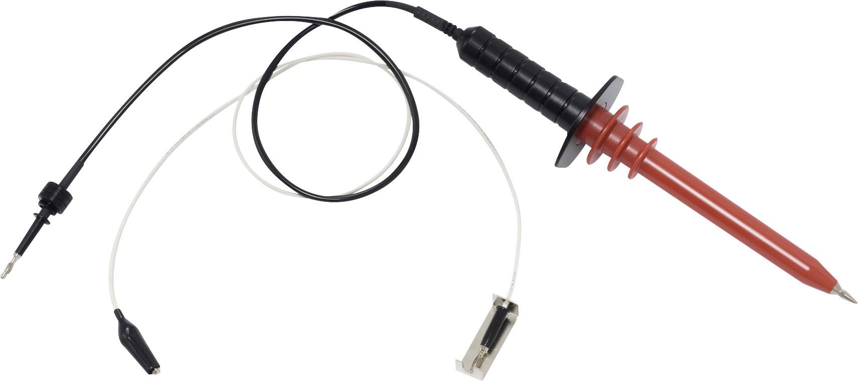 Un adaptateur de sonde de test rouge avec un câble noir et des pinces crocodiles, adapté aux appareils de mesure électriques ou aux oscilloscopes.